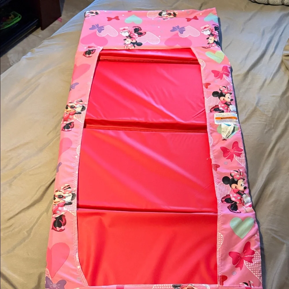Pink Minnie Mouse sheet Set with Blue and red Folded Sleeping Mat